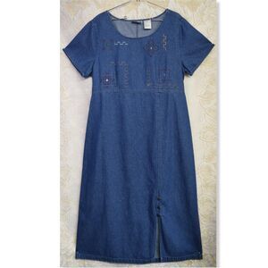 Erika & Co Womens Vtg Denim Embroidered Jumper Maxi Dress L Cottagecore Prairie